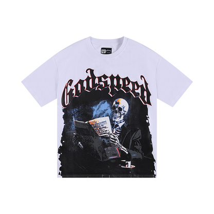 Polera Godspeed skeleton reading newspapers