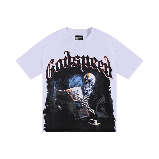 Polera Godspeed skeleton reading newspapers