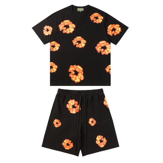 Conjunto Demin Tears Negro con flores Naranja