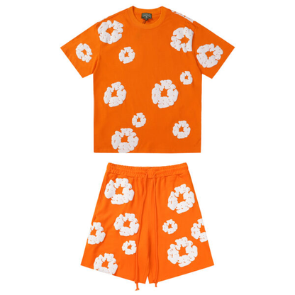 Conjunto Demin Tears Naranja con flores Blancas