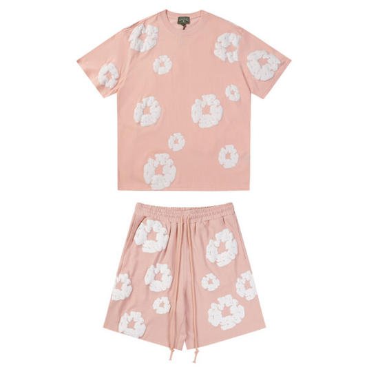 Conjunto Demin Tears Rosado con flores Blancas