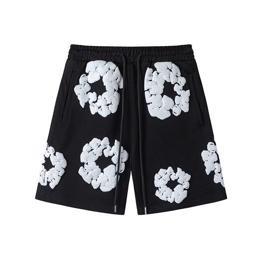 Short Demin Tears Negro con flores Blancas